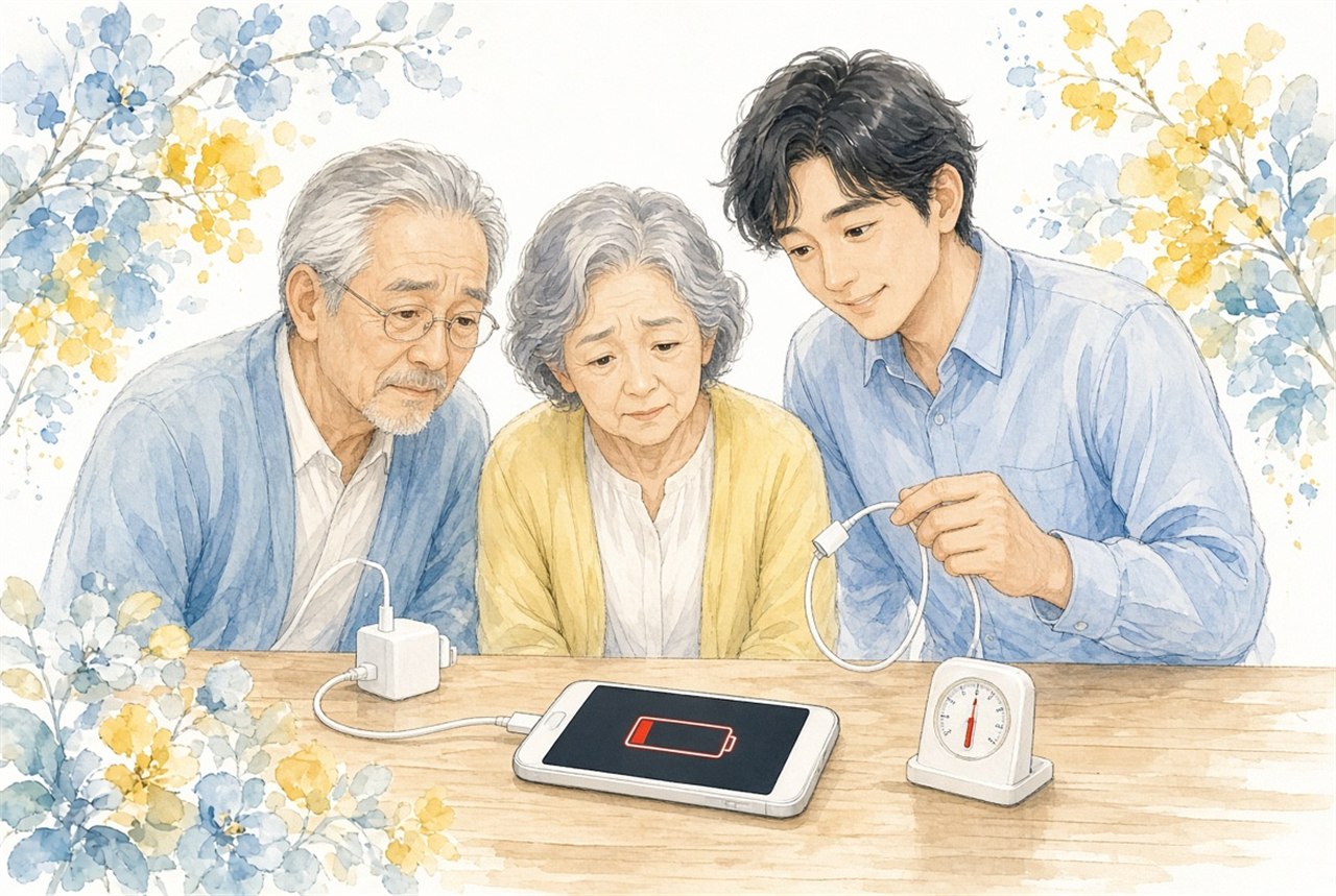 充電ケーブルを挿した電池残量の少ないスマホを囲む両親と息子のイラスト