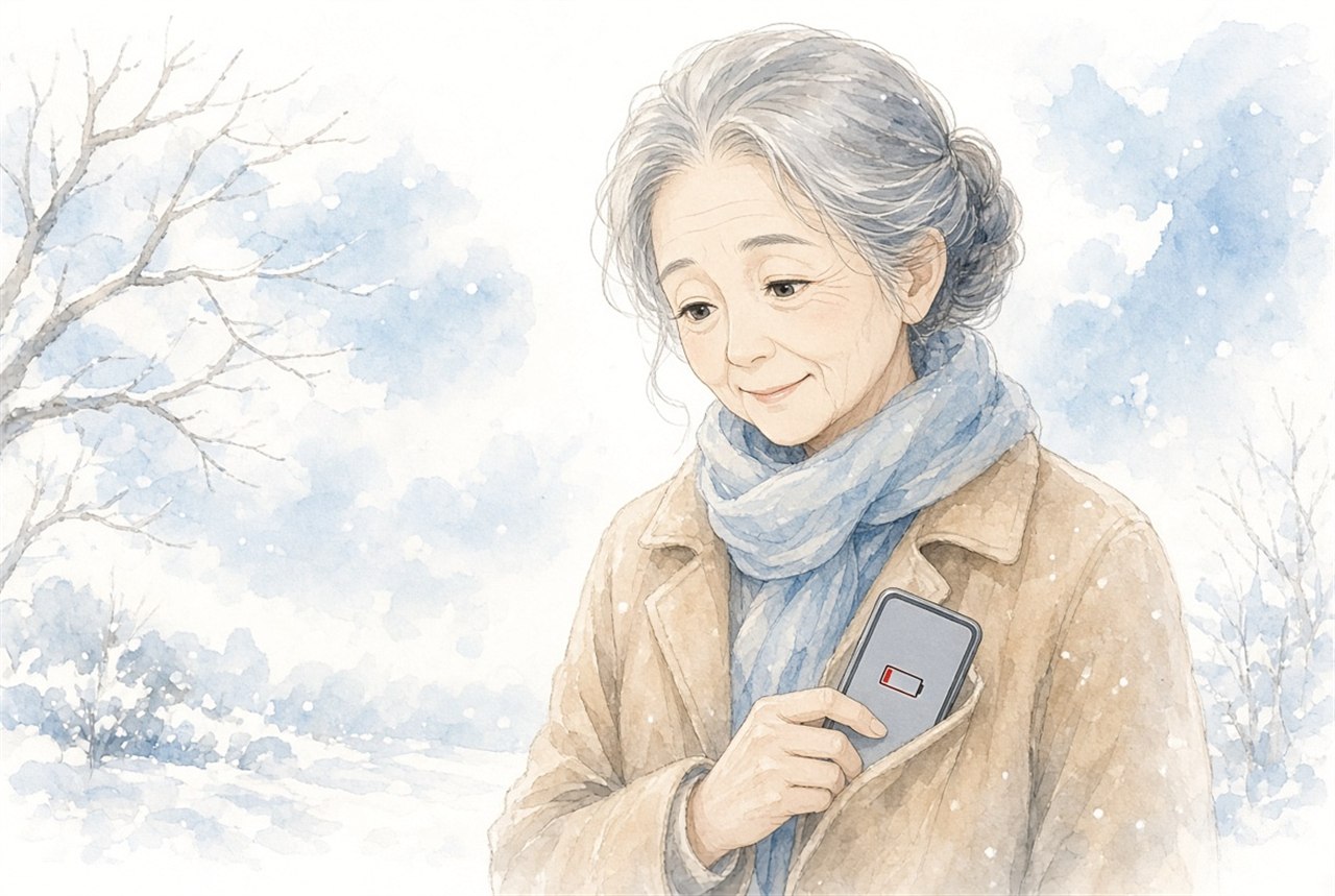 雪の中でコートの内ポケットにスマホをしまう高齢女性のイラスト