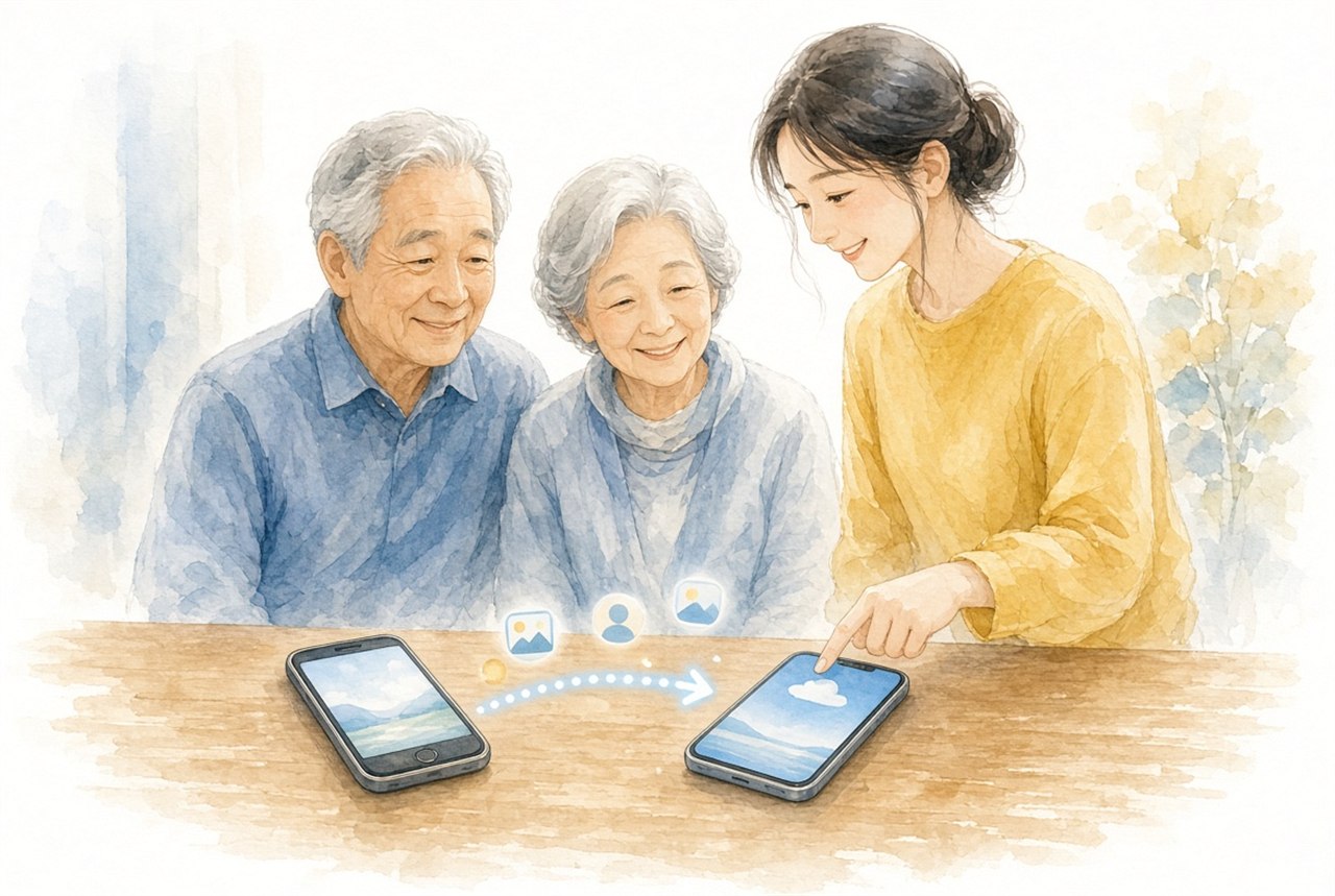 古いスマホから新しいスマホへデータが移る様子を見る両親と娘のイラスト