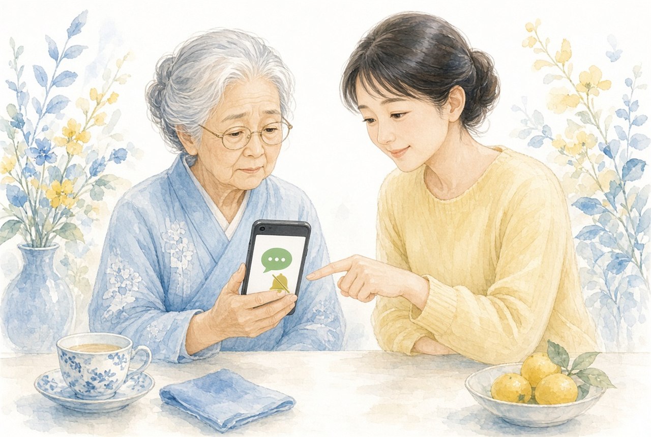 LINEの通知が来ないスマホを見る母と画面を操作して助ける娘のイラスト