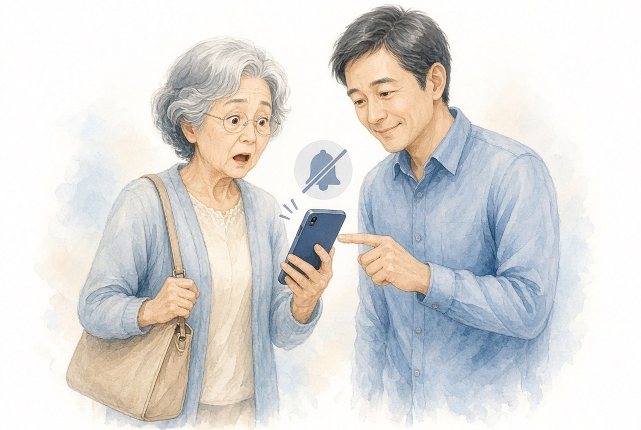 カバンから出したスマホがマナーモードになっていて驚く母とスイッチを指す息子のイラスト