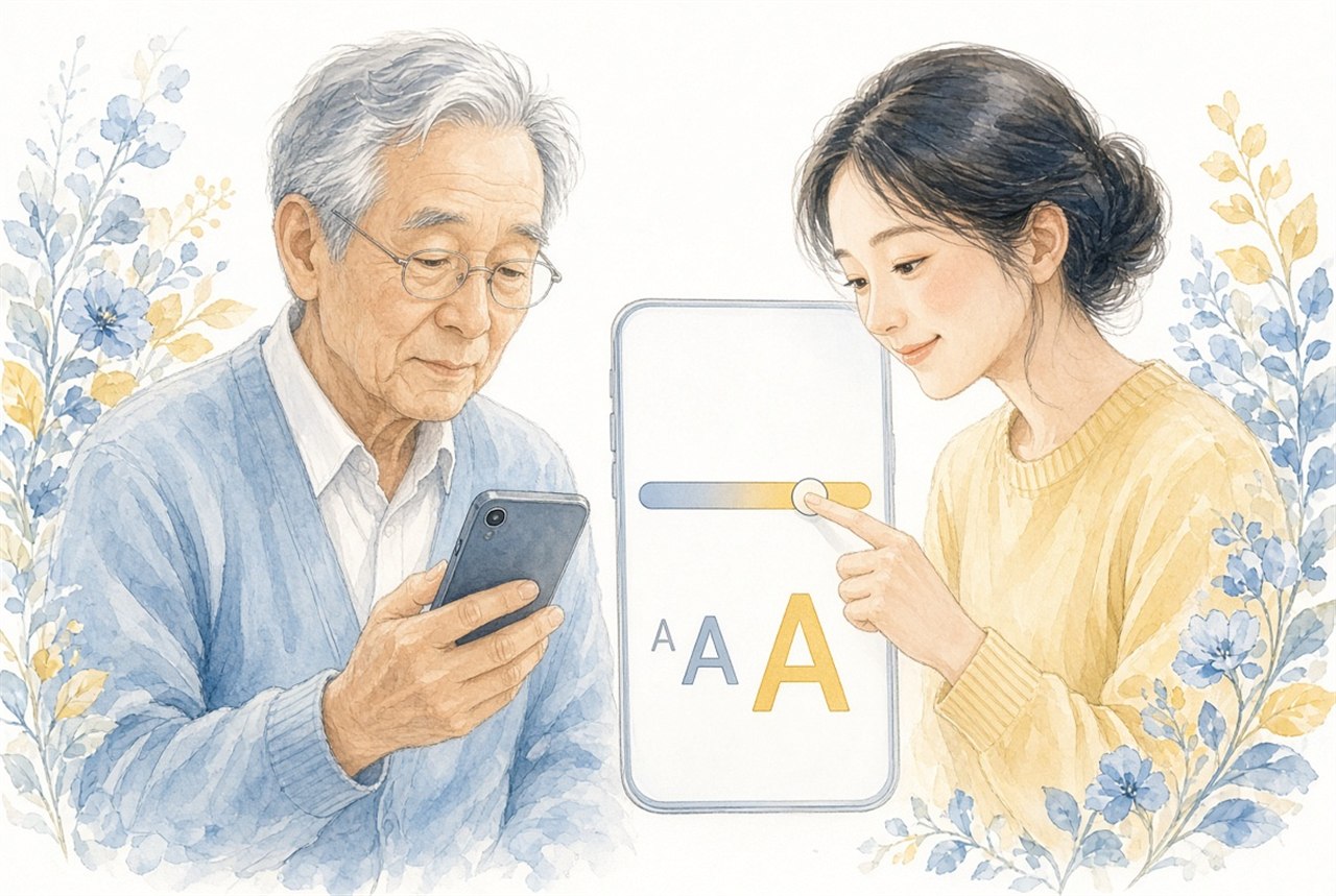 スマホの文字を大きくする設定を娘に教わる高齢男性のイラスト
