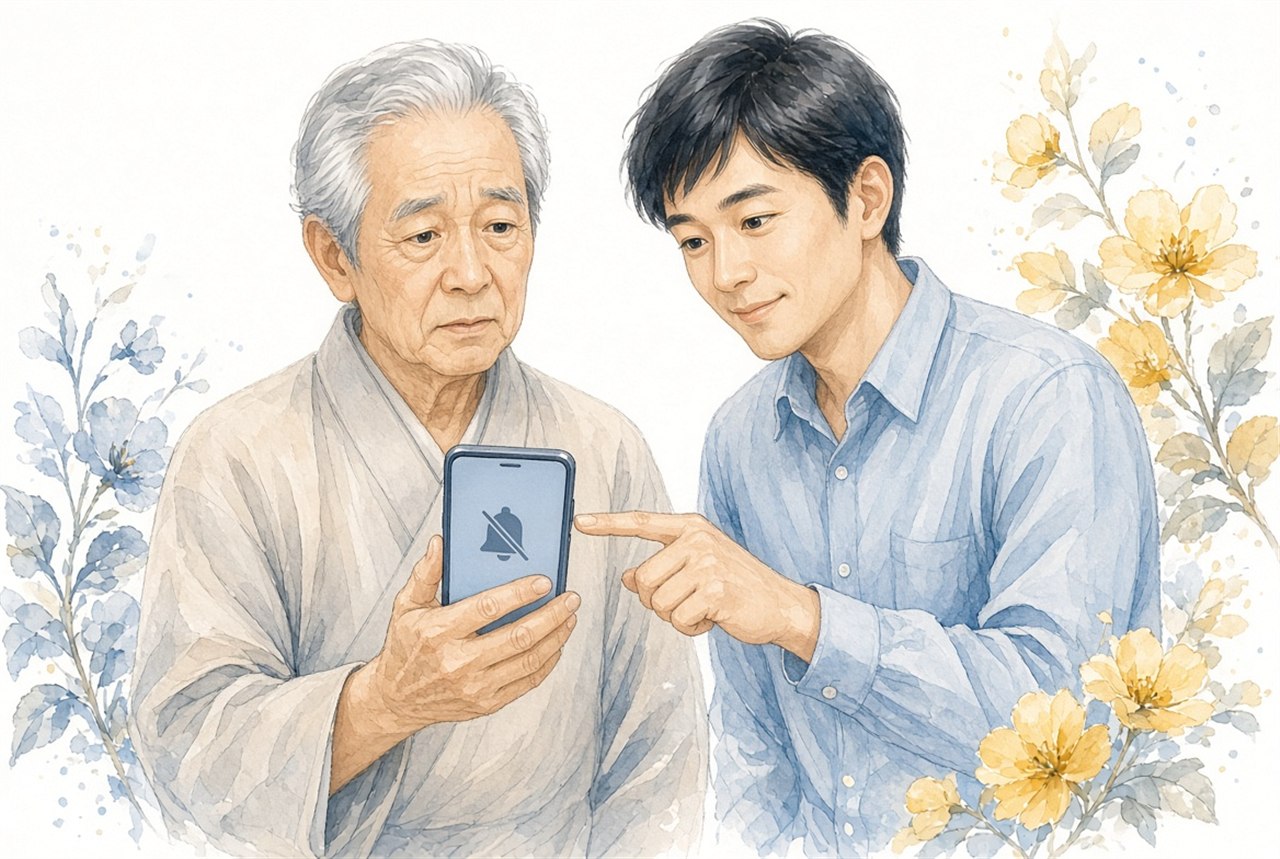 音が鳴らないスマホを見る父と横のスイッチを指さす息子のイラスト