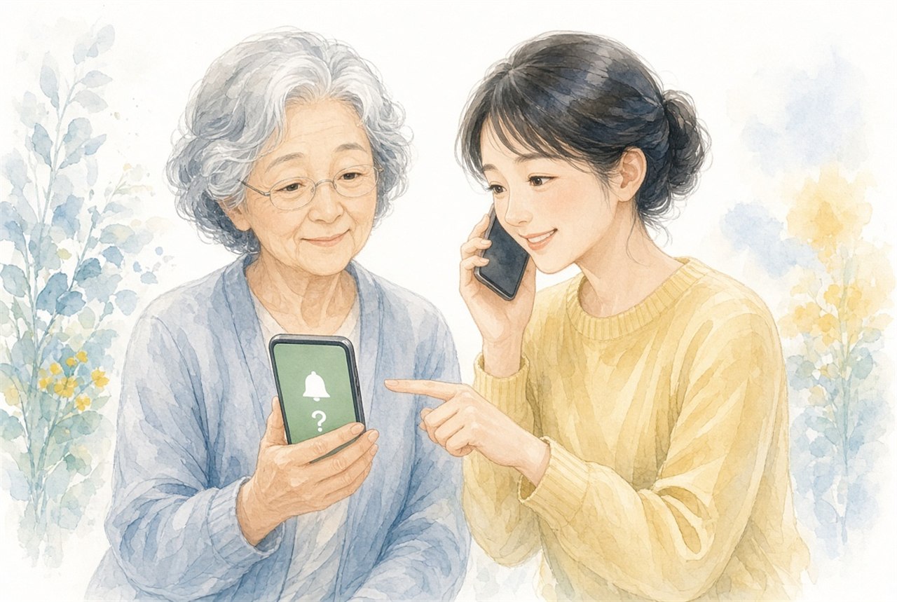 LINEの画面を見せる母と電話で説明する娘のイラスト