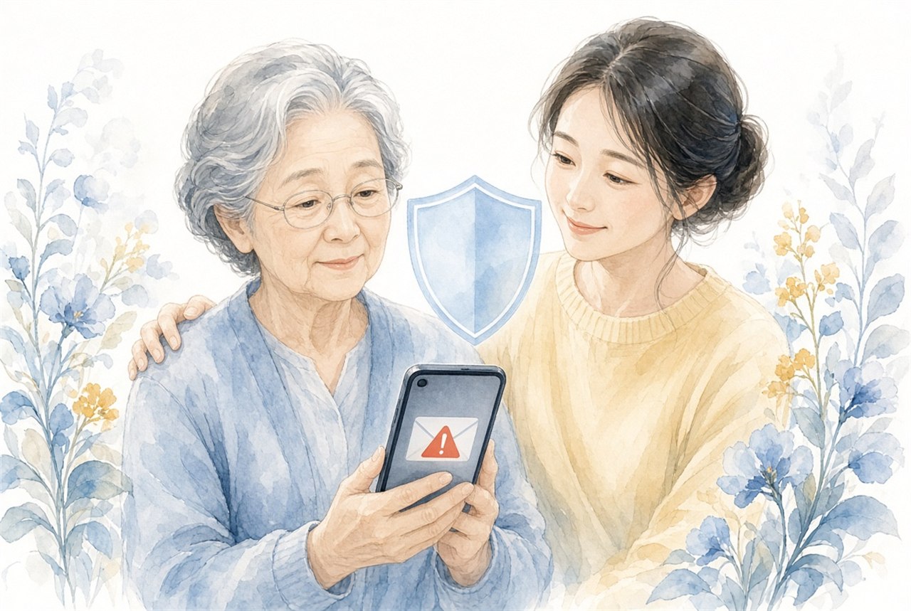 警告が出たスマホを持つ母と盾のイラスト、寄り添う娘