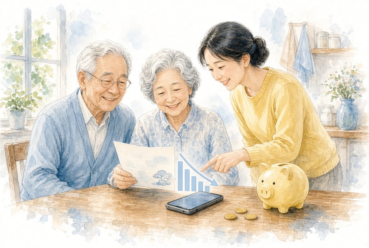 スマホ料金の請求書を見て安心する両親と娘のイラスト
