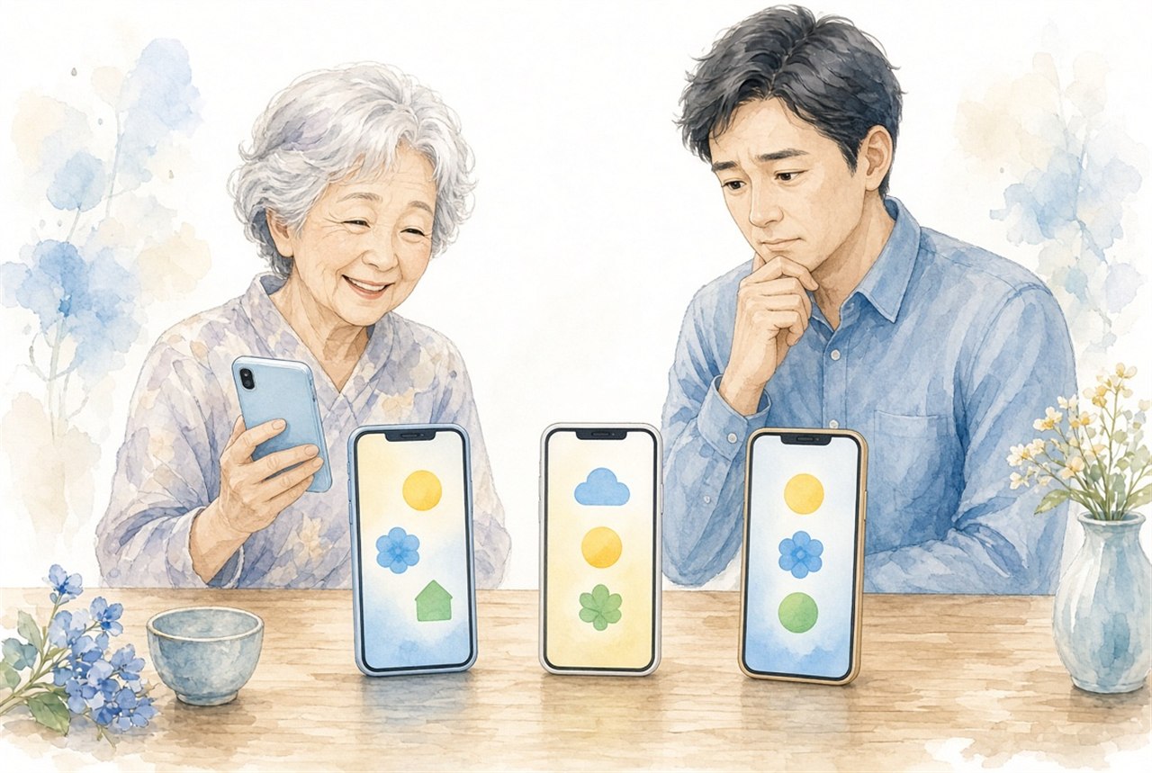並んだスマホを比べる母と息子のイラスト
