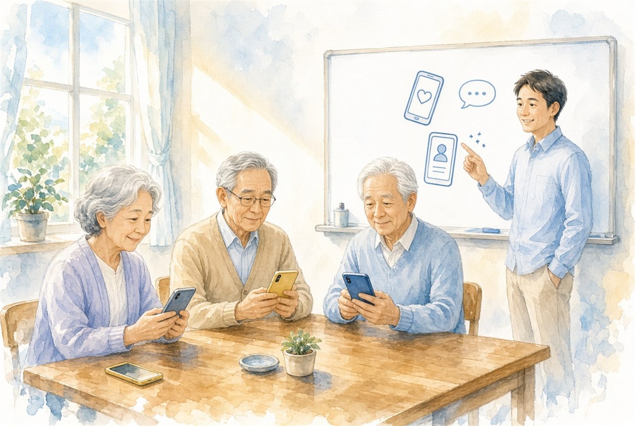 スマホ教室で講師に教わるシニアのイラスト