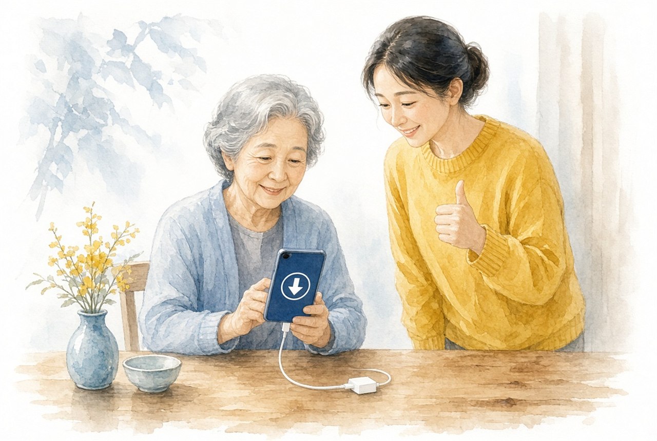 アップデートの通知が出たスマホを見る母と親指を立てる娘のイラスト